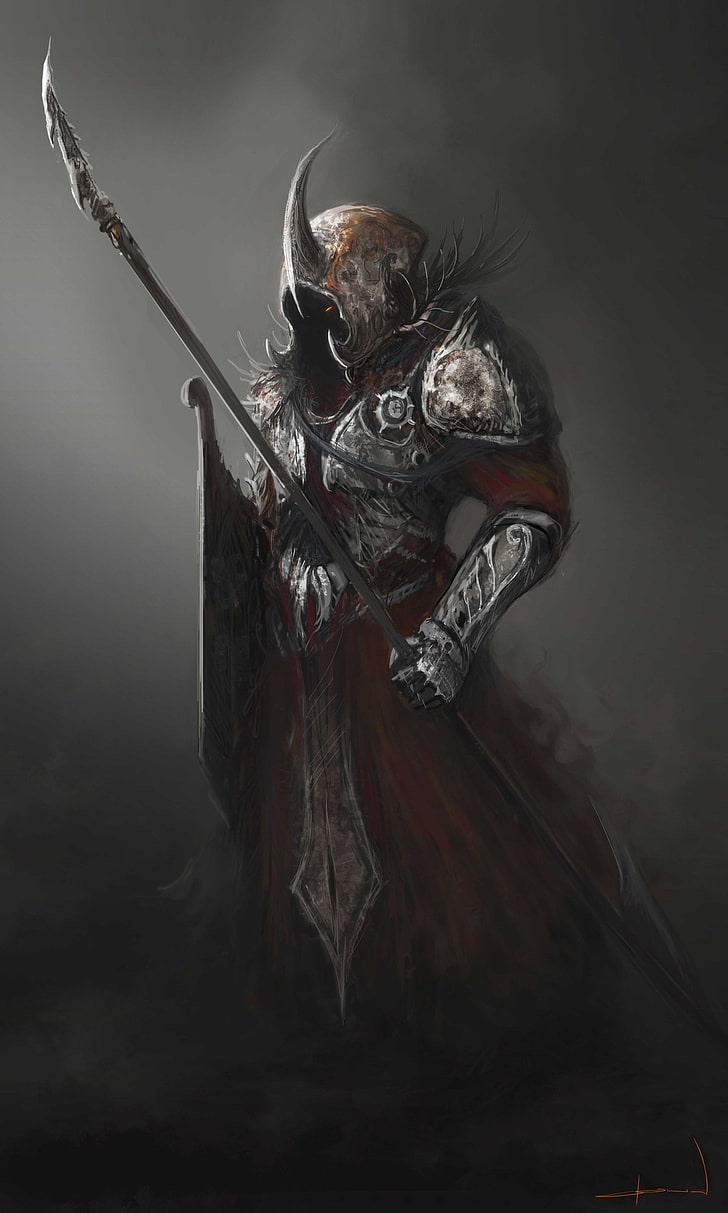 painting of warrior holding spear, drawing, fantasy art, armor