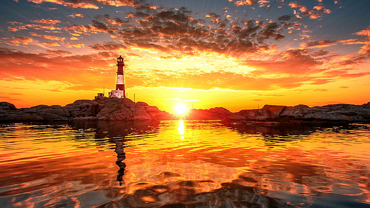 Lighthouse Sunset Sunlight Ocean Rocks Stones Clouds HD, nature, HD wallpaper