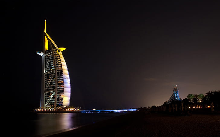 light, night, Dubai, UAE, Jumeirah beach hotel, Burj Al Arab, HD wallpaper
