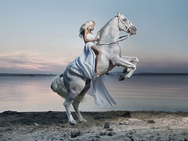 white horse, girl, lake, dress, rider, horseback Riding, animal, HD wallpaper