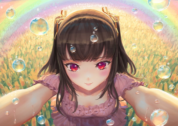 anime girl, crying, happy tears, red eyes, portrait, front view