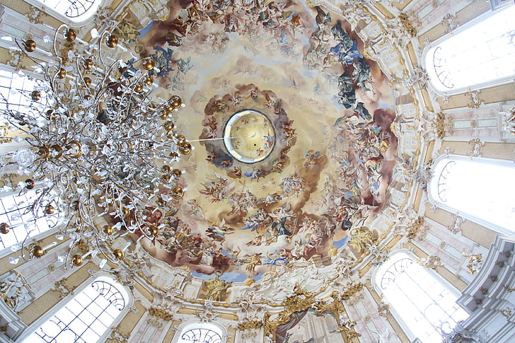 cathedral, ceiling, chandelier, church, couple, gold, holy, HD wallpaper
