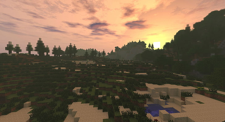Minecraft, sunset, video games, forest, sky, building exterior