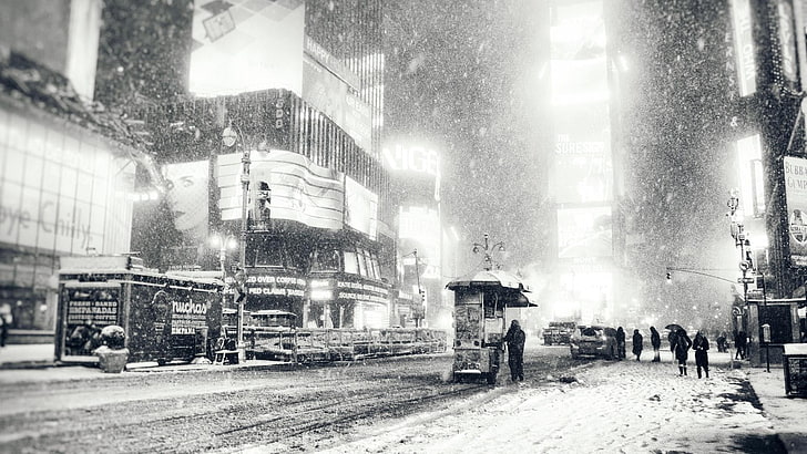 snow, vintage, black and white, winter, new york, city, building exterior, HD wallpaper