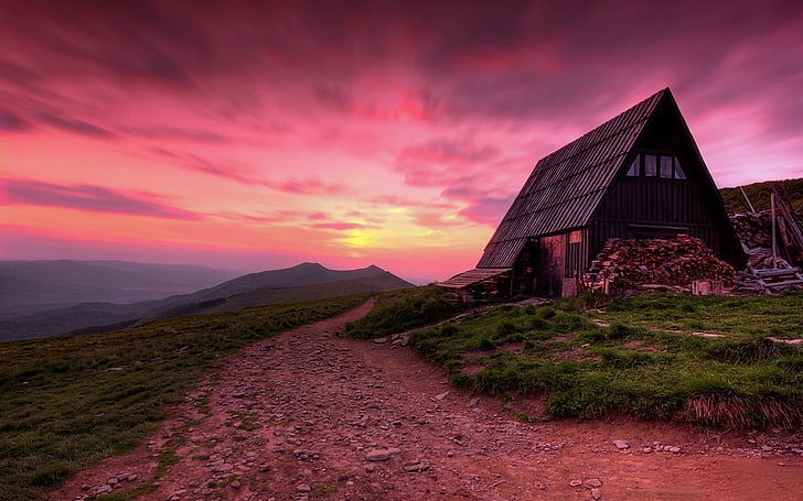 untitled, landscape, cabin, Iceland, sky, sunset, architecture, HD wallpaper