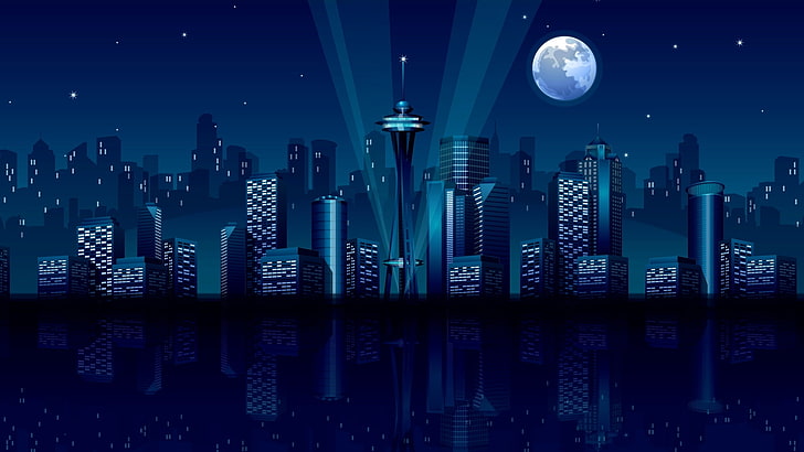 Space Needle, Seattle, vector, graphics, midnight city, architecture