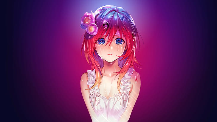anime girl, anime art, purple, sad, sad girl, cry, mangaka, HD wallpaper