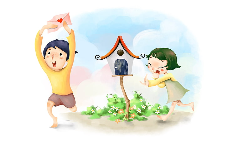 girl and boy playing painting, birdhouse, flowers, envelope, figure