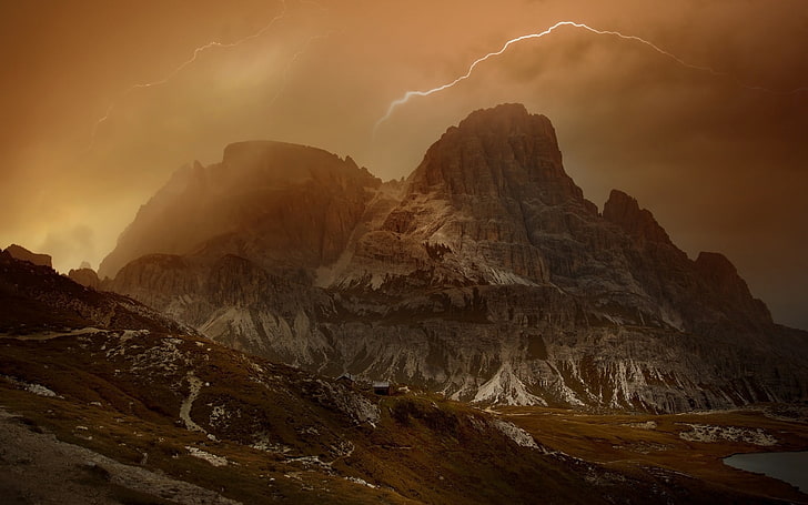mountain with thunder, nature, landscape, lightning, Dolomites (mountains), HD wallpaper