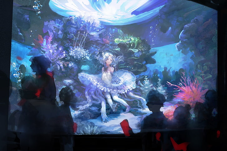 girl painting, underwater, fantasy art, animal, animal themes