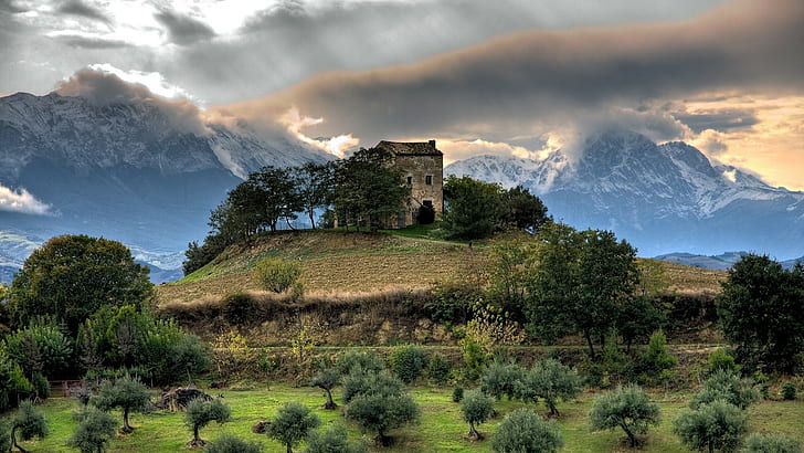 HDR, nature, landscape, old building, mountains, hills, Italy, HD wallpaper