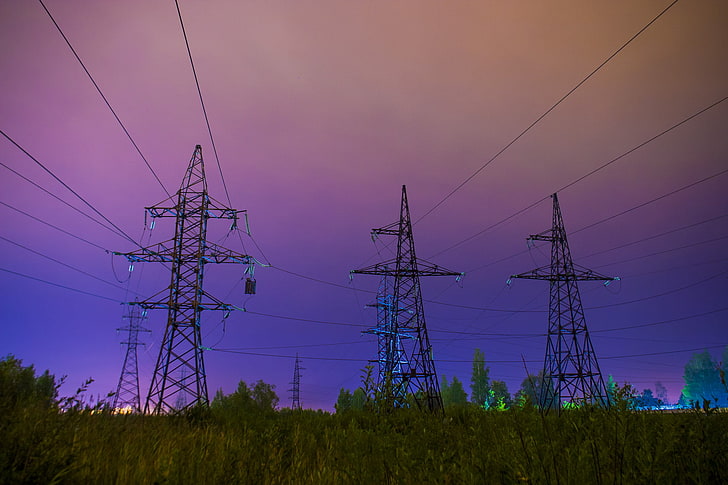 power lines, sky, grass, technology, cable, electricity, fuel and power generation, HD wallpaper