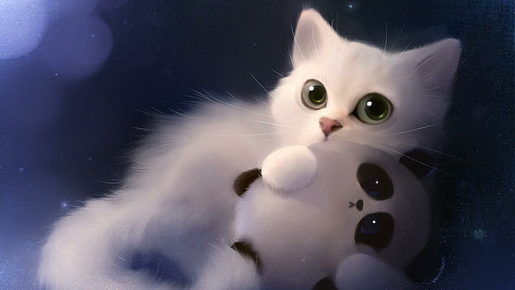 cat, white cat, whiskers, dreamy, tail, artwork, kitten, panda, HD wallpaper