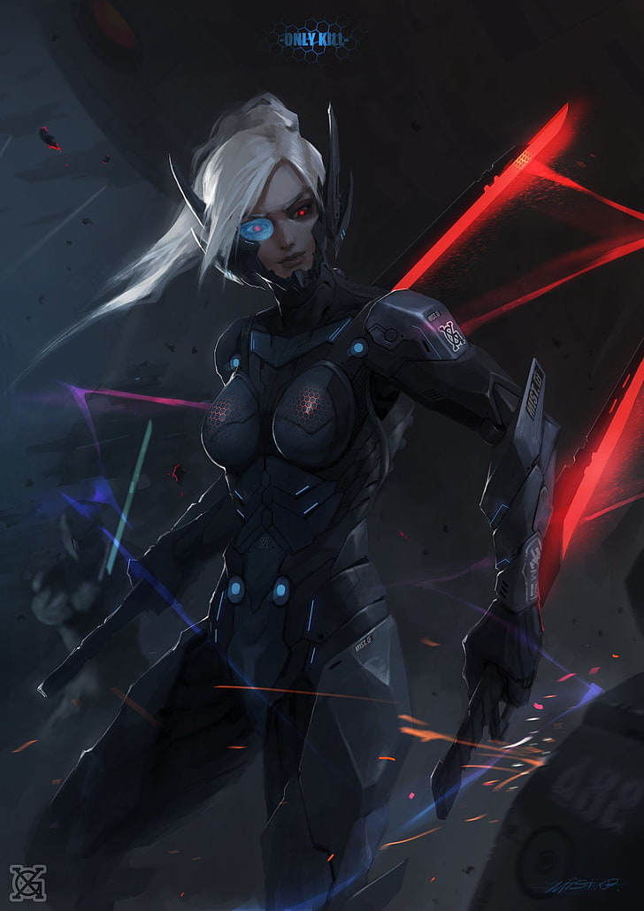 gray haired female game character, cyberpunk, warrior, futuristic