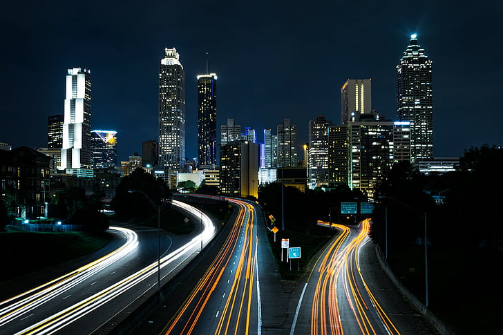 city, lights, cityscape, road, night, HD wallpaper