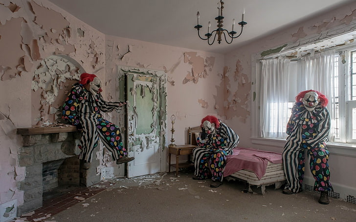 three jester costumes, clowns, horror, architecture, indoors