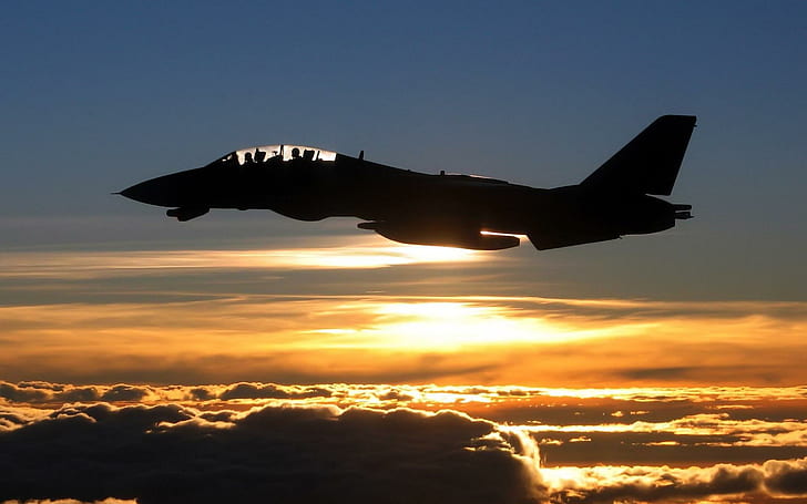 F14 tomcat sunset, jet fighter, aircraft, airforce, HD wallpaper