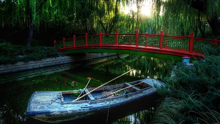 blue paddle boat, bridge, nature, water, sunlight, trees, plant