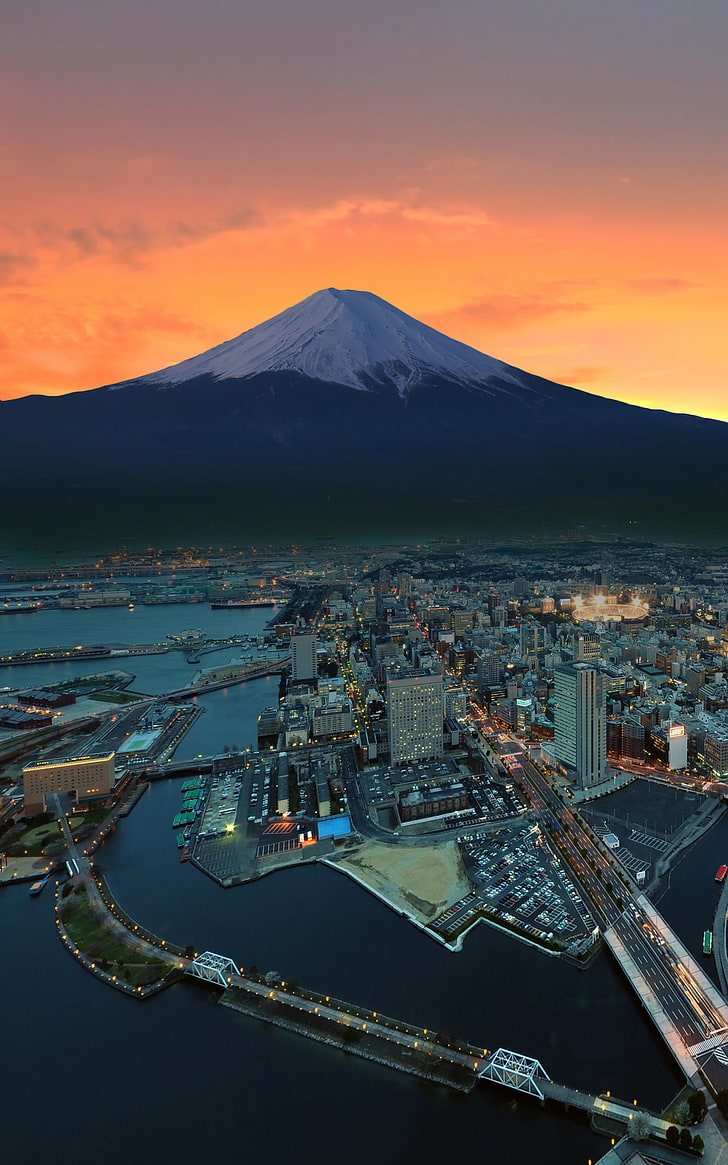 Mount Fuji, sunset, Tokyo, Japan, city, mountains, snowy peak, HD wallpaper