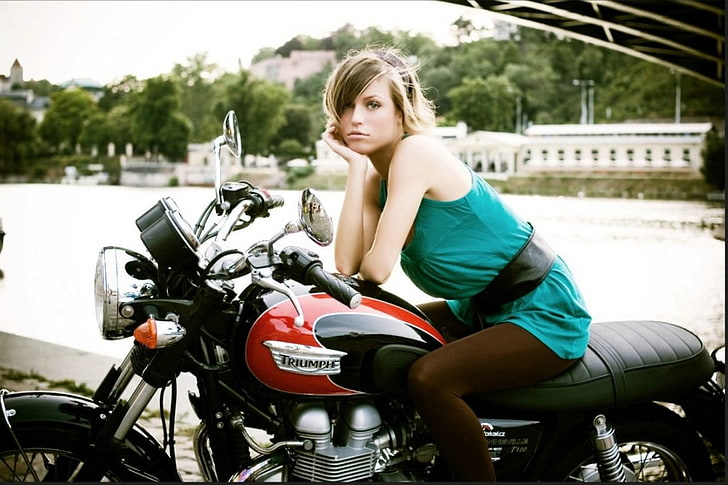 motorcycle, women with motorcycles, model, vehicle, Triumph T100, HD wallpaper