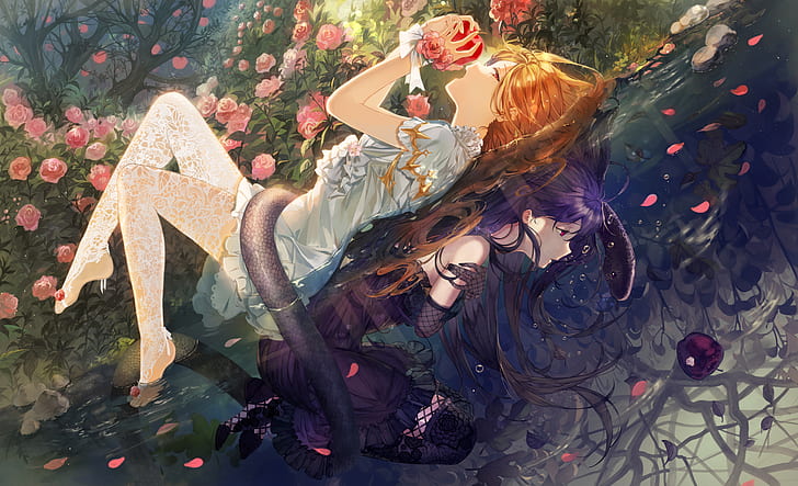 anime girls, legs, reflection, upside down, apples, purple hair, HD wallpaper