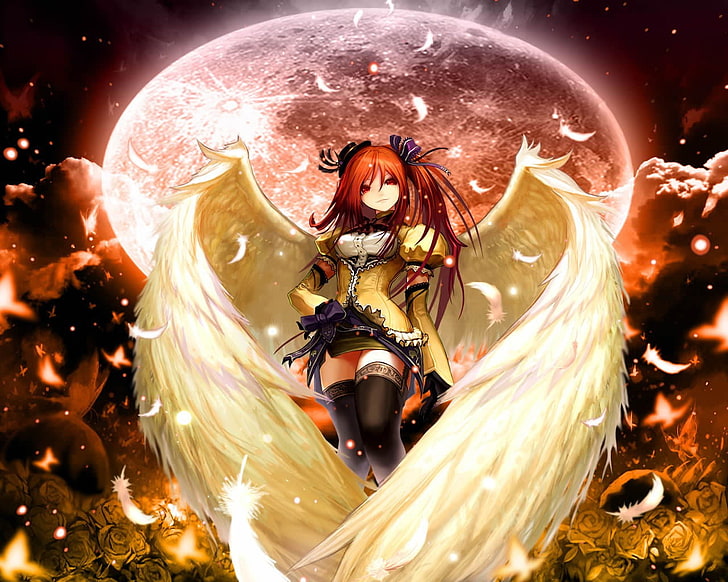 winged woman anime character digital poster, wings, original characters