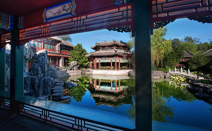 Private Gardens In The Forbidden City, brown and white oriental temple, HD wallpaper