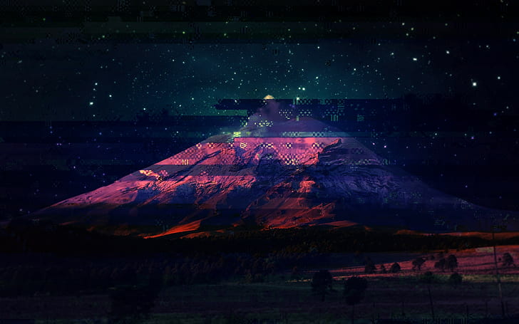pink and blue mountain illustration, glitch art, night, star - space
