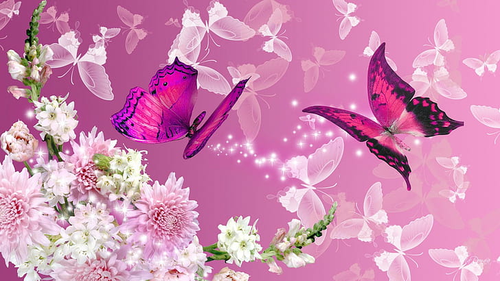Story Of Summer, 2 purple butterflies, blooms, papillon, snap dragons, HD wallpaper
