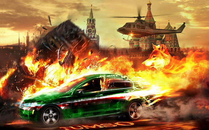 Helicopter chase car Kremlin, green sedan illustration
