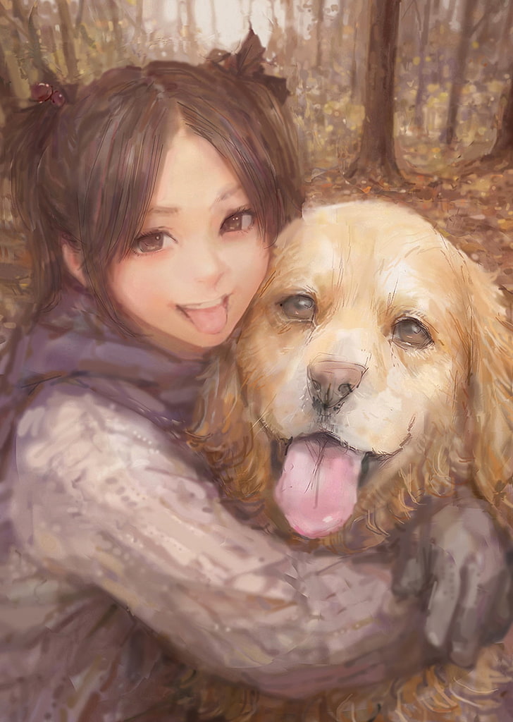 anime, cute, dog, friend, girl, original, HD wallpaper