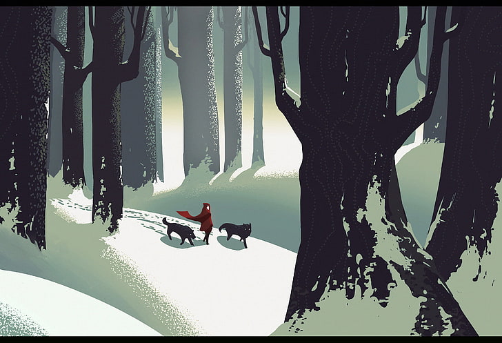 black t, winter, snow, trees, Little Red Riding Hood, wolf, fairy tale, HD wallpaper