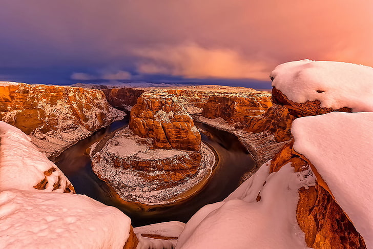 winter, snow, USA, the Glen canyon, Horseshoe, Horseshoe Bend, HD wallpaper