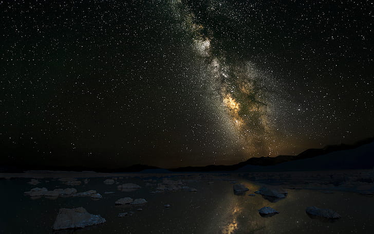 Milky Way Galaxy Stars Night Rocks Stones Reflection HD, nature, HD wallpaper