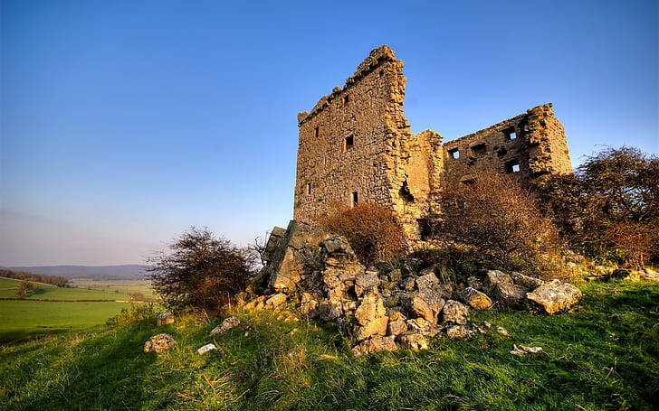 landscape, castle, ruin, rock, field