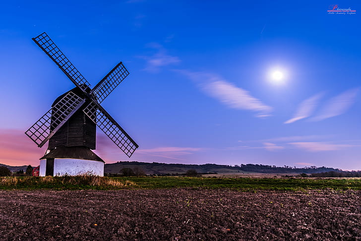 windmill with grass field during nighttime, moon, nikon  d750, HD wallpaper