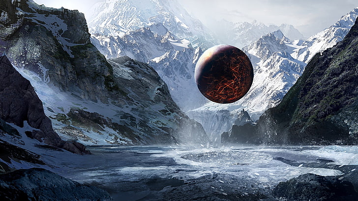 round black globe above water surrounded with ice covered mountain, HD wallpaper