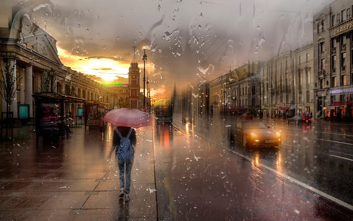 St. Petersburg, Nevsky prospect, rain, girl, night, lights, creative design, women's pink umbrella