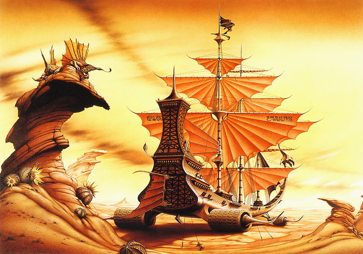 orange sailing ship illustration, desert, rodney matthews, art and craft
