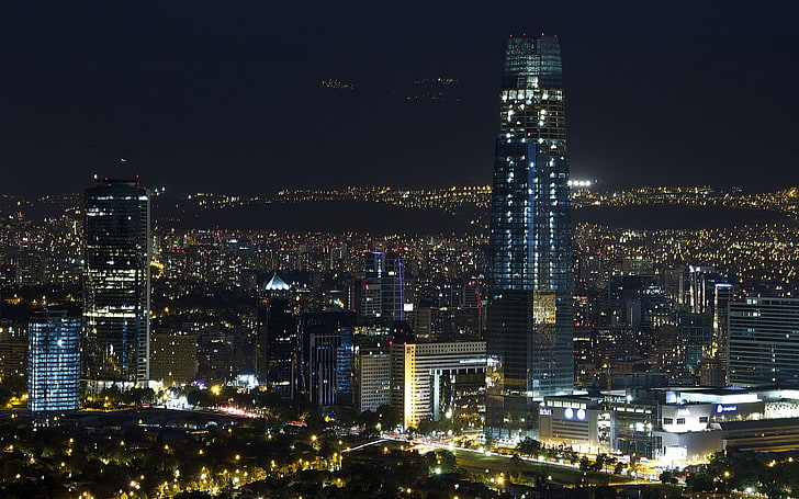 lighted grey concrete tower, landscape, lights, Santiago de Chile