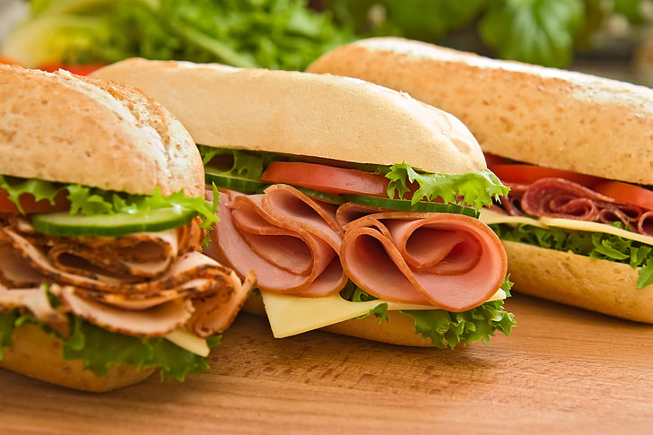 three ham sandwiches, food, food and drink, lettuce, bread, vegetable, HD wallpaper