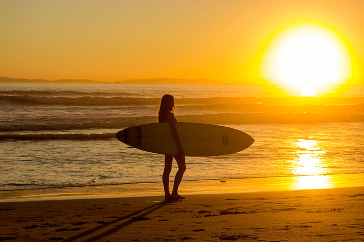 sea, summer, girl, dawn, Board surfer, HD wallpaper