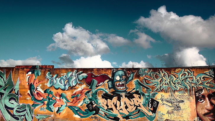 graffiti, city, sky, Berlin, berlin wall, art and craft, cloud - sky, HD wallpaper