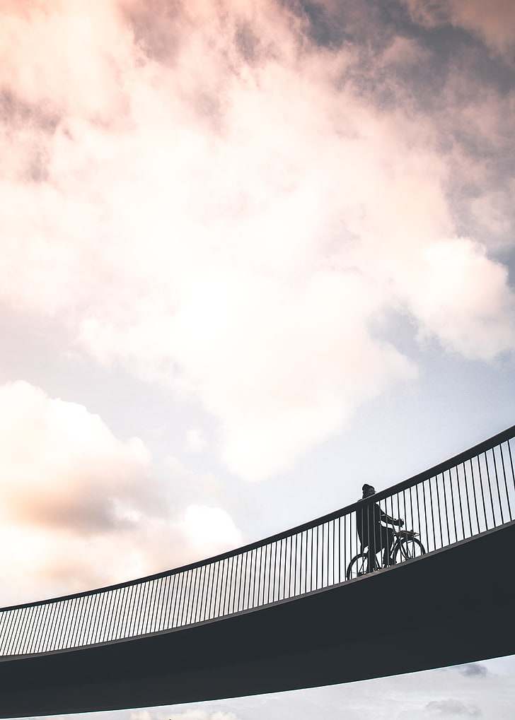 commuter bicycle, cyclist, minimalism, bridge, sky, bridge - Man Made Structure