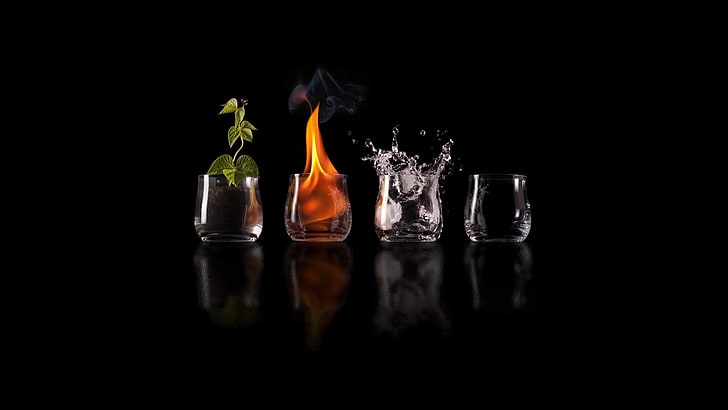four clear rock glasses, fire, water, black, reflection, four elements