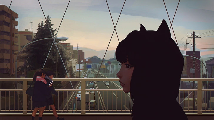 female anime character illustration, painting of girl wearing hoodie walking on bridge