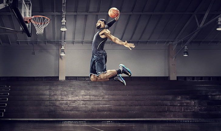 men's black tank top, jump, basketball, james, slen dunk, nba all star 2012, HD wallpaper