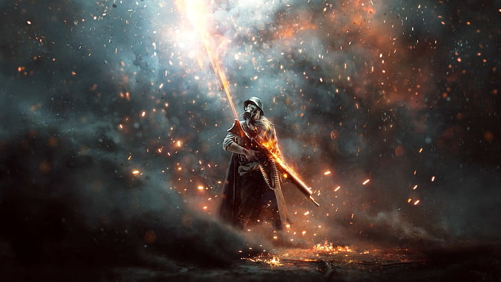 man holding gun painting, Battlefield 1, apocalyptic, fire - Natural Phenomenon