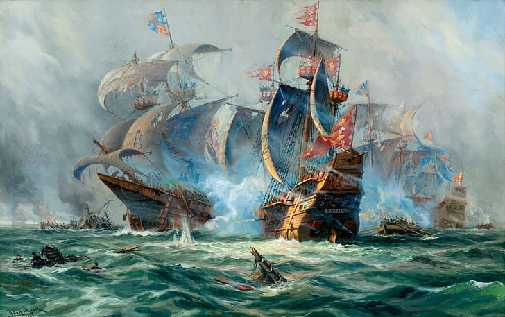 art, battle, ocean, painting, sailing, ship, ships, HD wallpaper