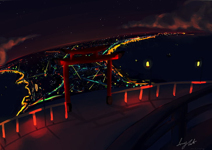 torii, gates, city, artwork, city lights, night, sky, lake, HD wallpaper